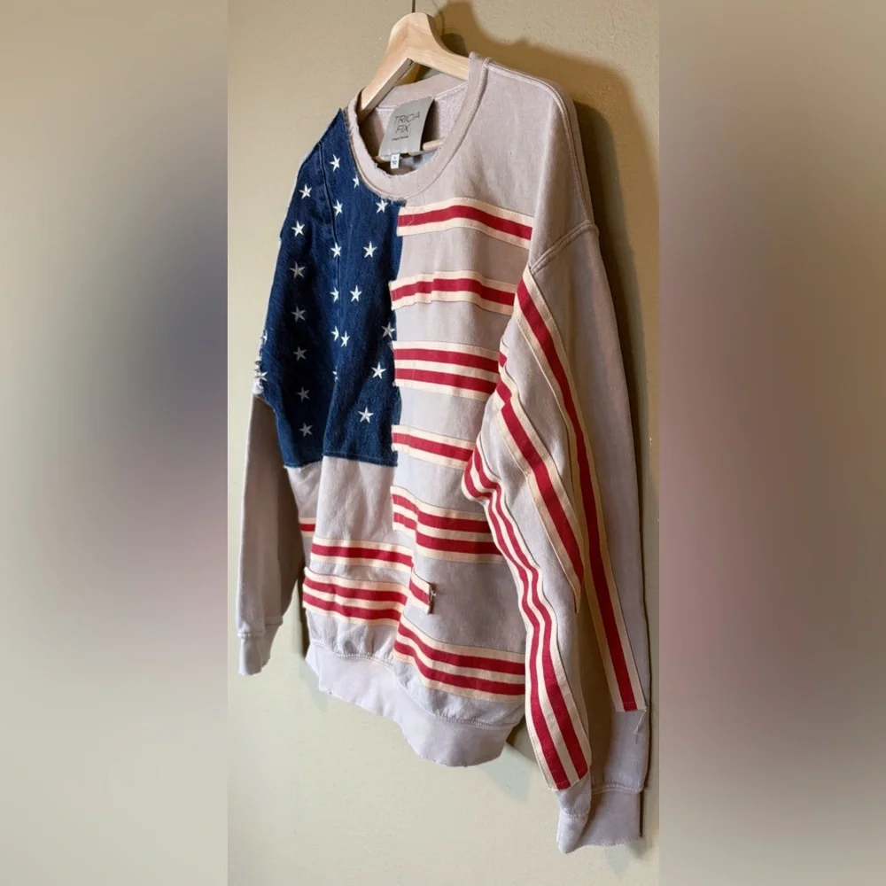 Free People x Tricia Fix Stars & Stripes Patchwork Crewneck Sweater Size Small - Picture 3 of 6